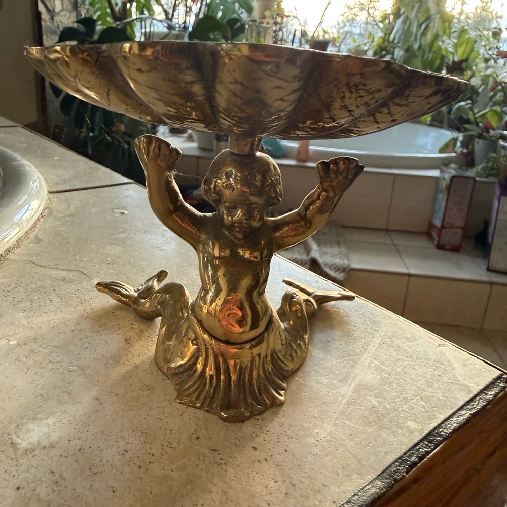 Vintage 60’s Sherle Wagner Brass Bronze Scalloped Cherub Mermaid TwoTail soaDish